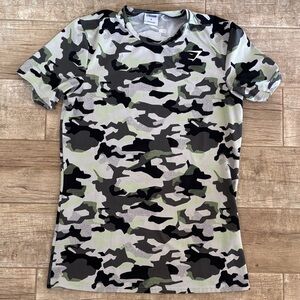 Gymshark Critical T-Shirt in a grey digital camouflage print. Universal Wear